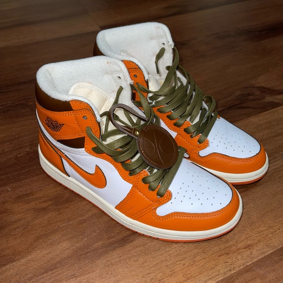 Jordan 1 High Orange White Sneakers with Olive Laces - Picture 1 of 2